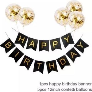 Black Happy Birthday banner with confetti balloons